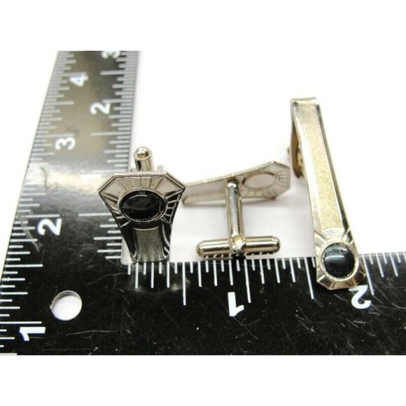 Cufflinks Tie Bar Set Stamped Steel Blue Green Stone Tux Shirt Suit Vintage - Picture 5 of 7